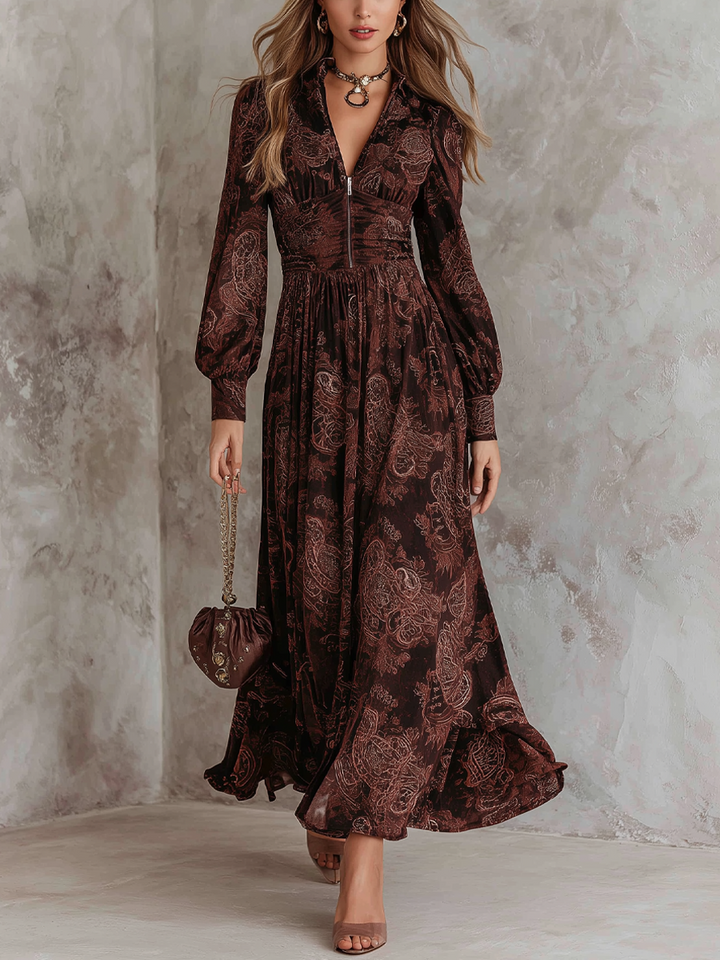 PAISLEY ZIP-NECK MIDI DRESS