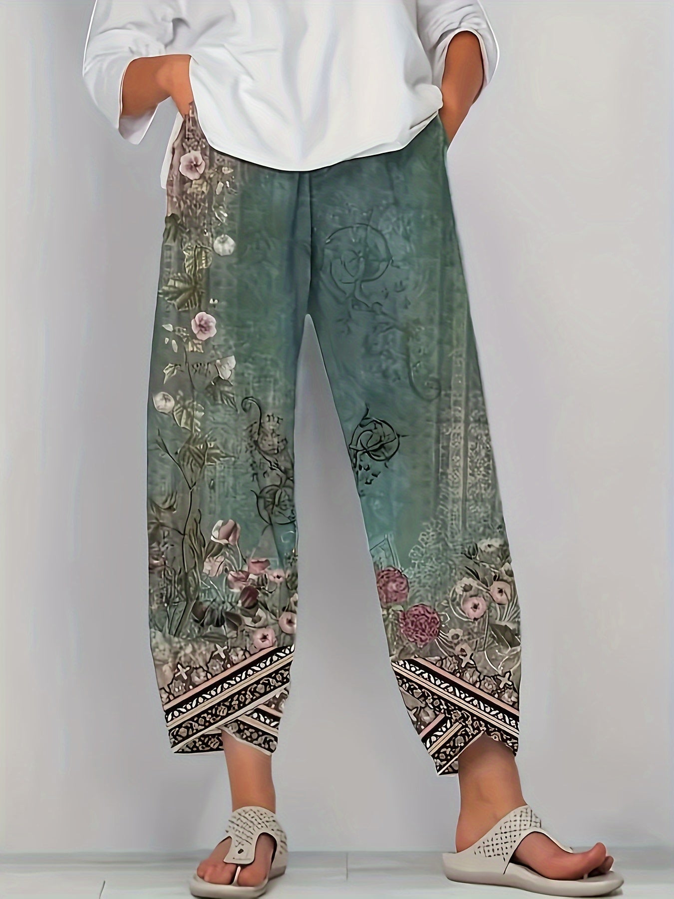 Women's Boho Floral Print Capri Pants | Wide-Leg