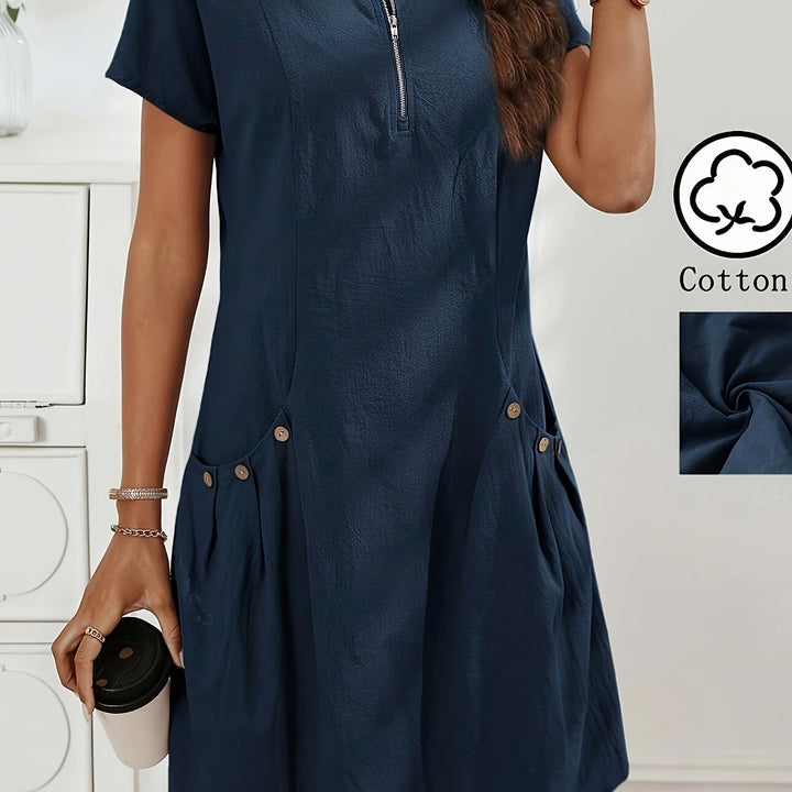 Women's Short Sleeves Zip Neck Summer Casual Dress