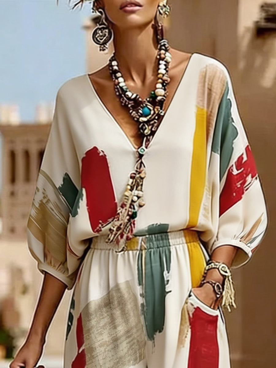 Loose Puff Sleeves Contrast Color Pleated V-Neck Blouses & Shirts Tops