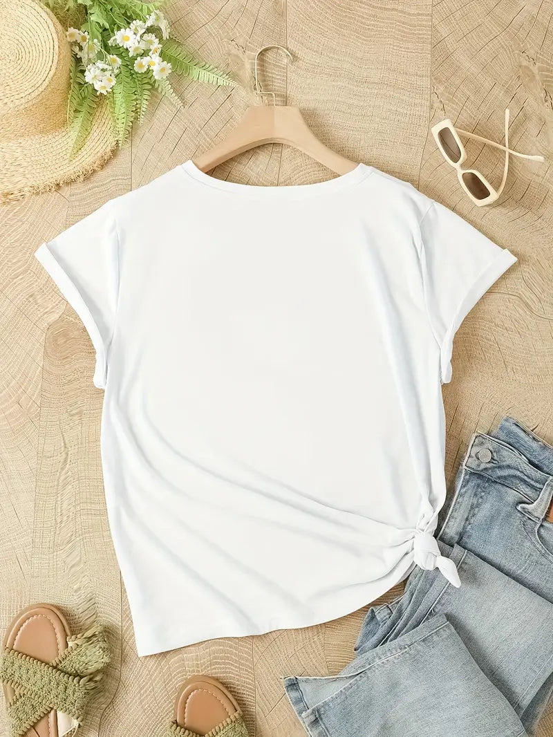 Women's White Floral Print Round Neck T-Shirt | Short Sleeve