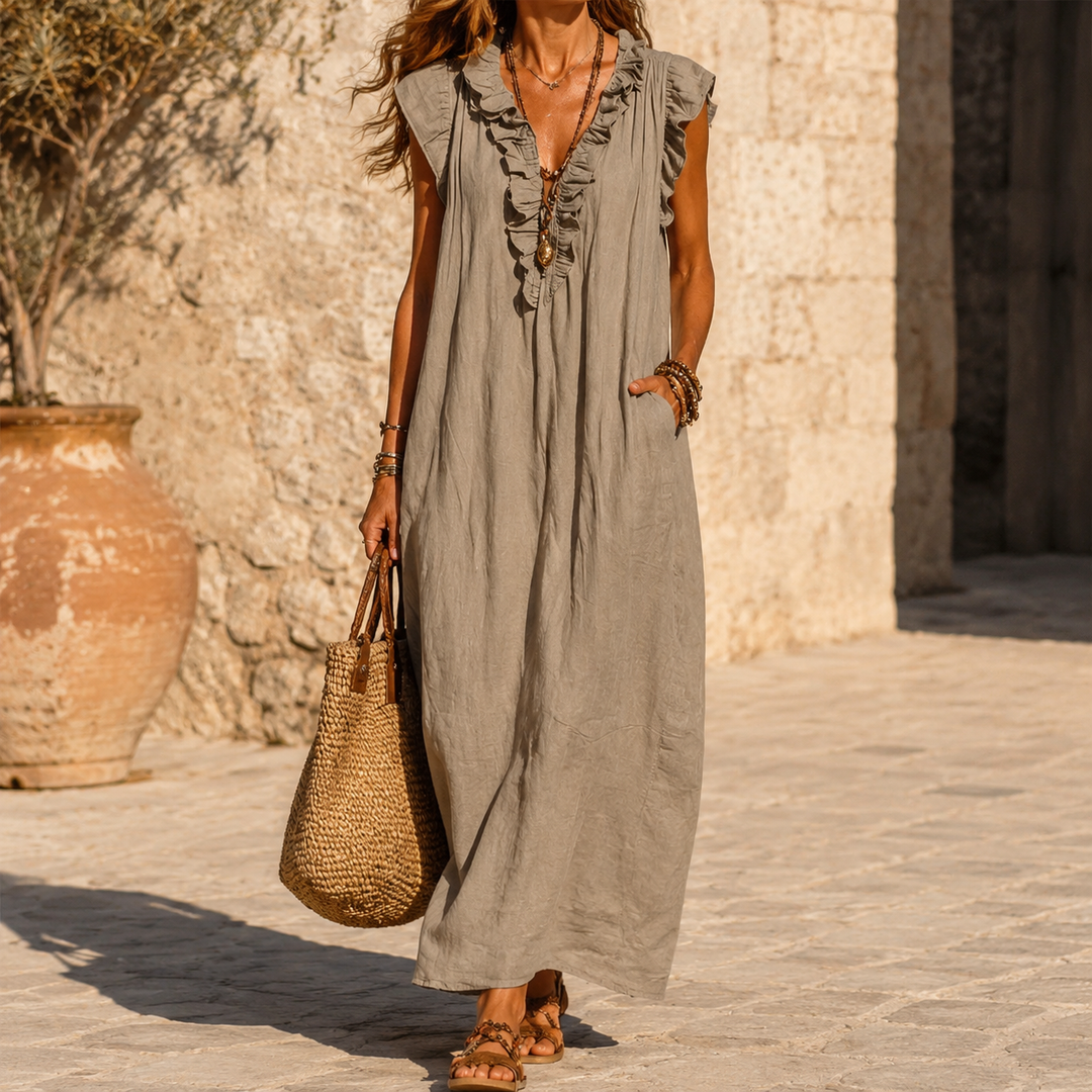 Veluna™ – Ruffle-V Linen-Look Midi Dress with Pockets