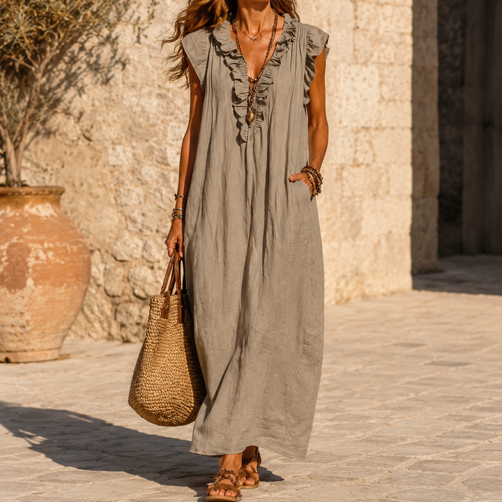 Veluna™ – Ruffle-V Linen-Look Midi Dress with Pockets