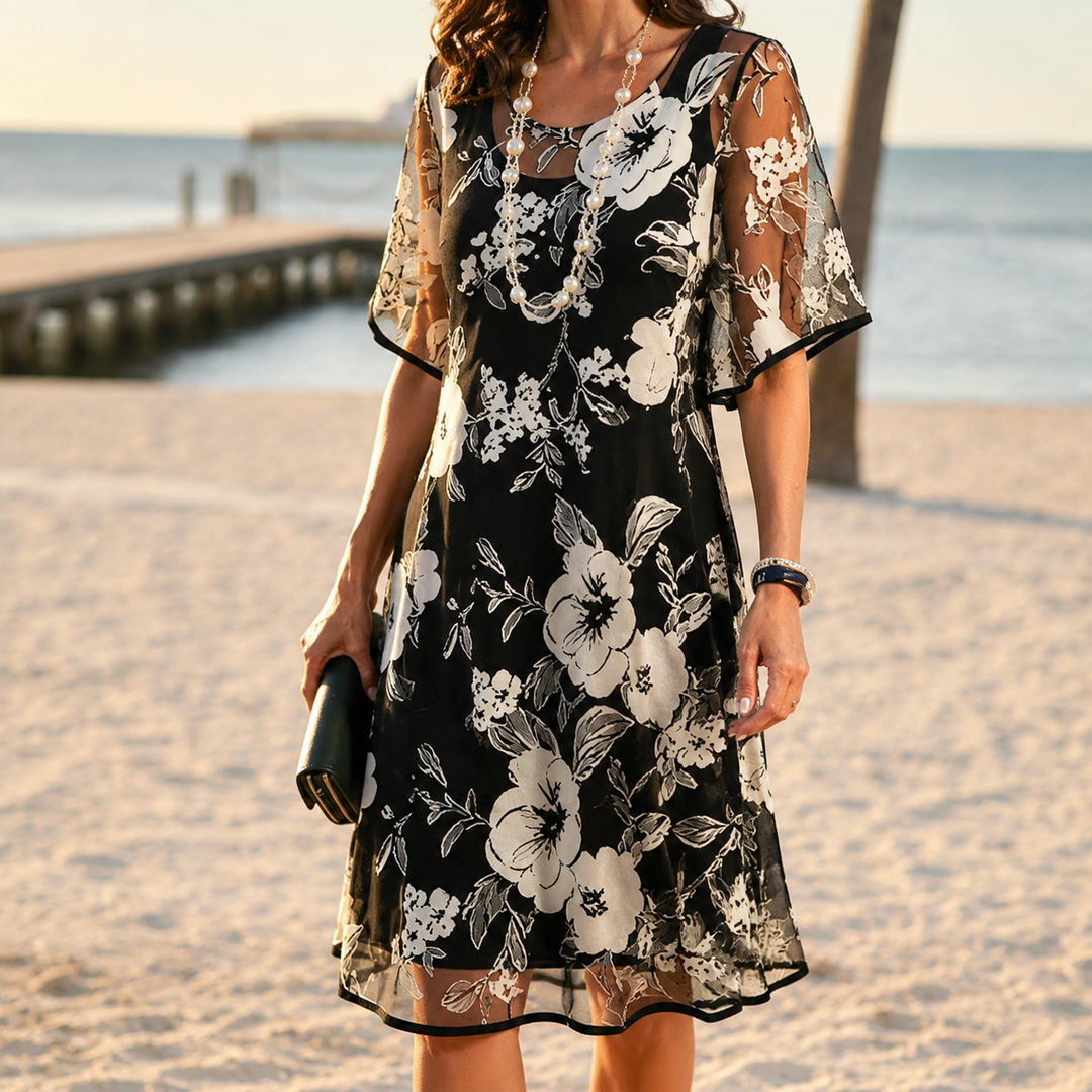 Solenya™ – Floral Chiffon Dress with Sheer Overlay