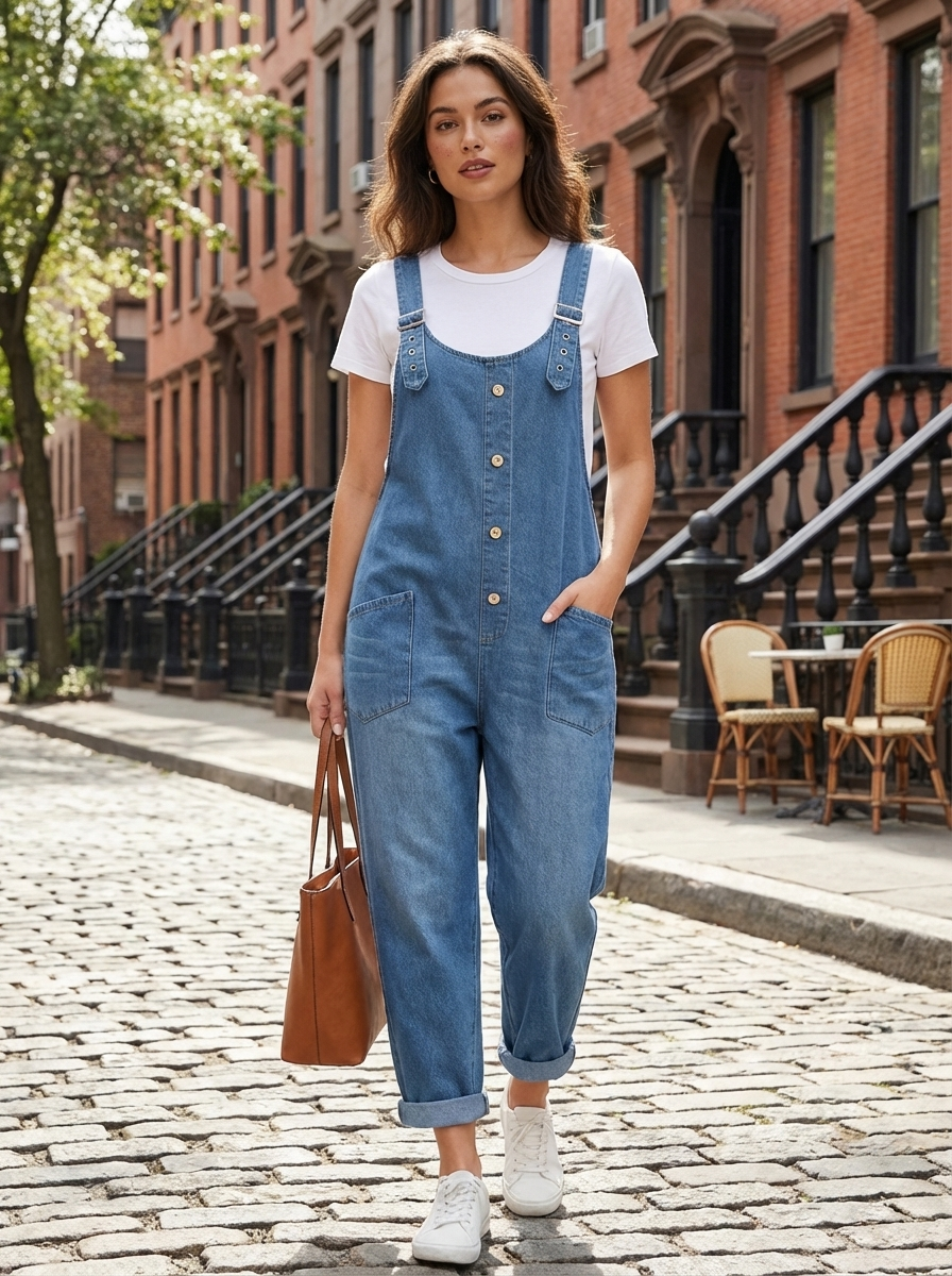 Women's Casual Denim Jumpsuit with Adjustable Buckle