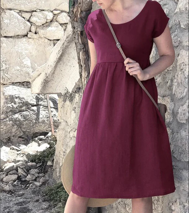 Women's Round Neck Short Sleeve Summer Midi Dress | with Pockets