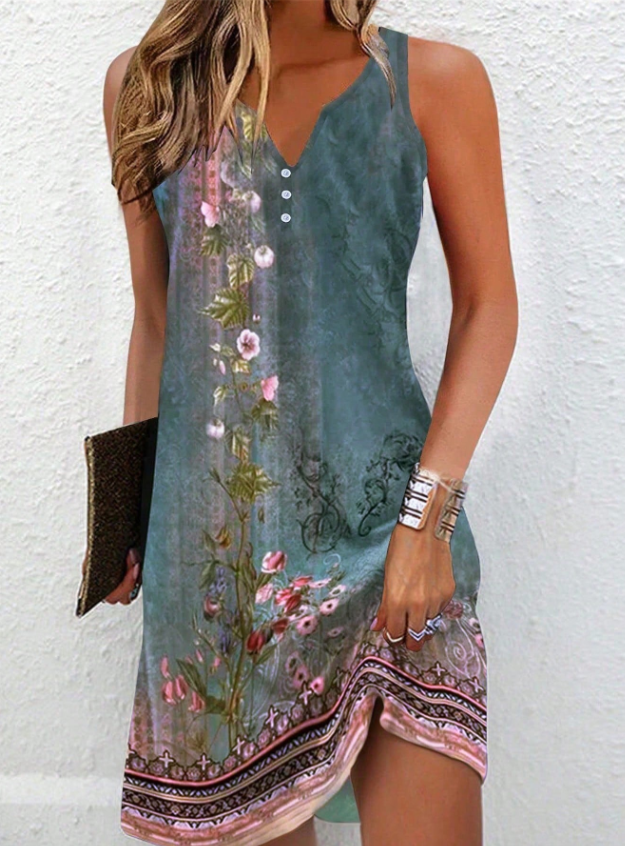 Women's Sleeveless Printed Summer Dress with Split Neckline | Mini