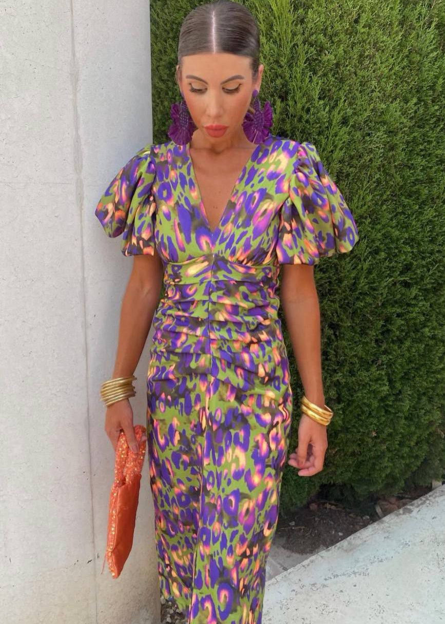 Women's Puffed Sleeves Slim Dress | Midi