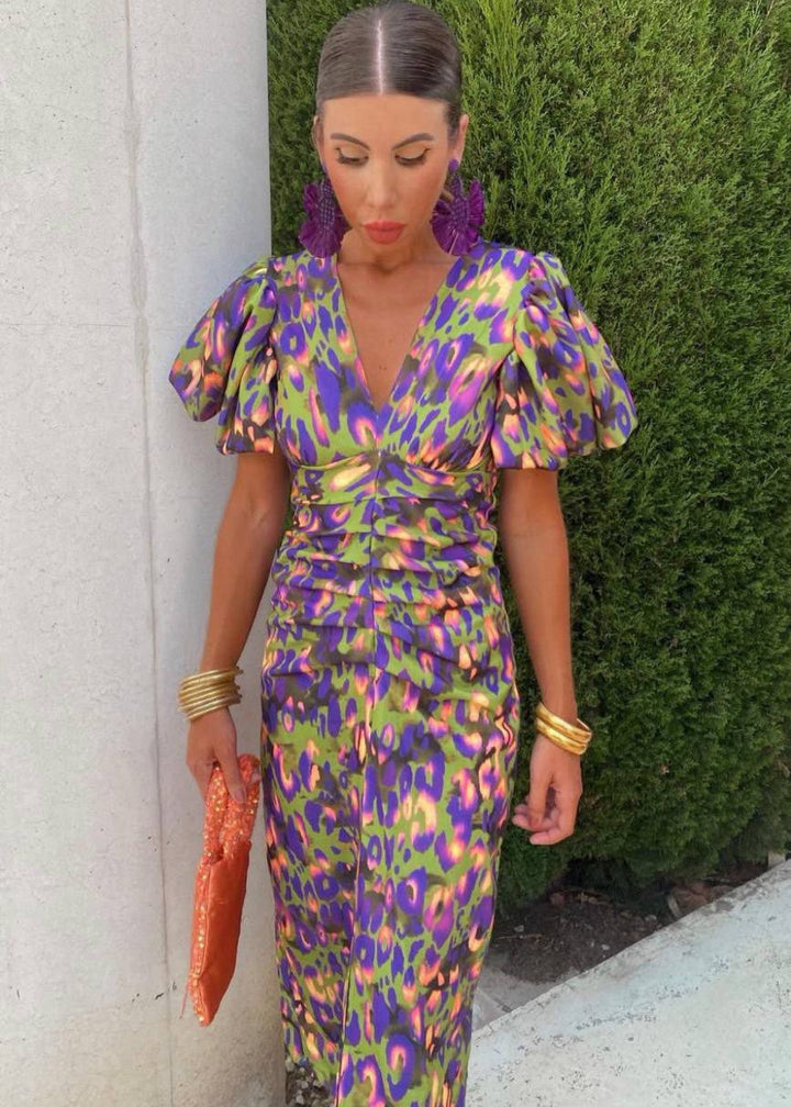 Women's Puffed Sleeves Slim Dress | Midi