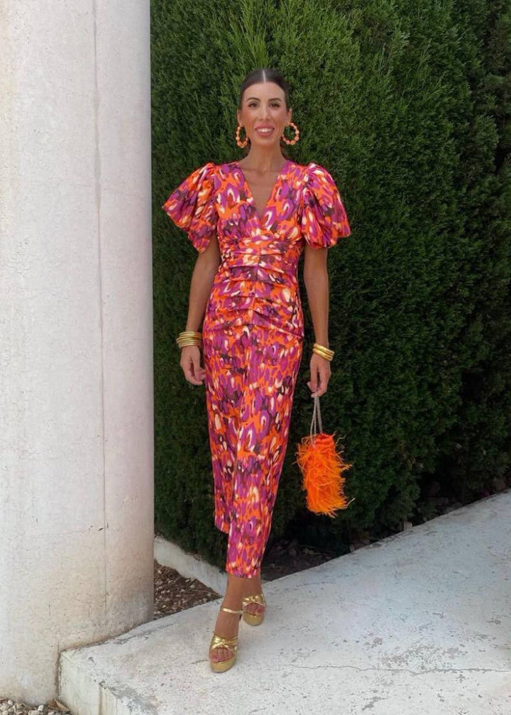 Women's Puffed Sleeves Slim Dress | Midi