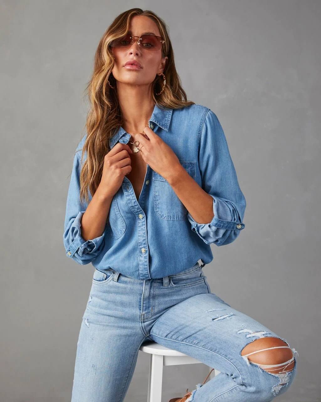 Women's Button Down Long Sleeves Shirt | Chest Pockets