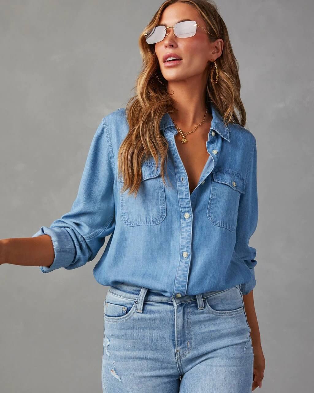 Women's Button Down Long Sleeves Shirt | Chest Pockets