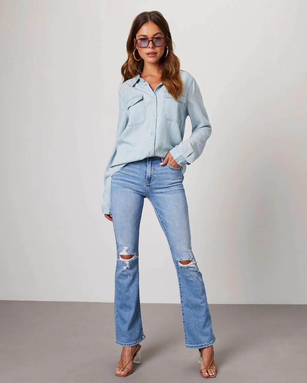 Women's Button Down Long Sleeves Shirt | Chest Pockets