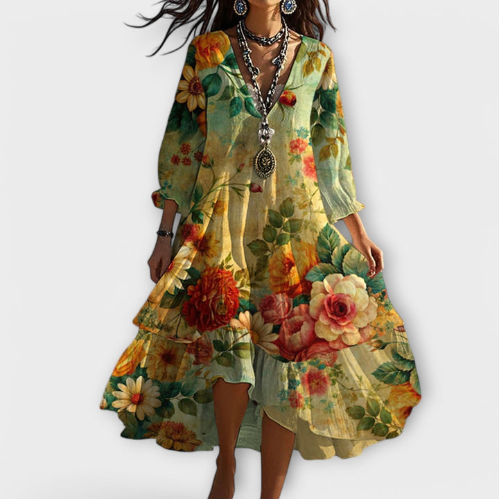 Grace | Plus Size Boho Dress Floral V-Neck 3/4 Sleeve Tiered Midi