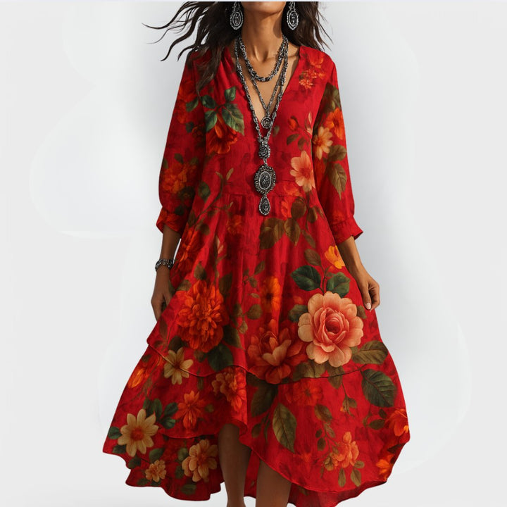 Grace | Plus Size Boho Dress Floral V-Neck 3/4 Sleeve Tiered Midi