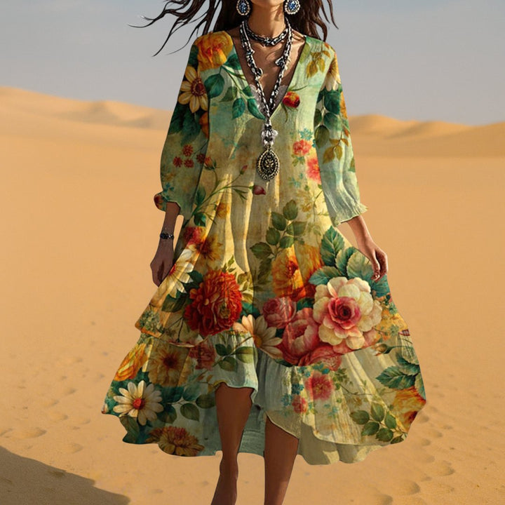 Grace | Plus Size Boho Dress Floral V-Neck 3/4 Sleeve Tiered Midi