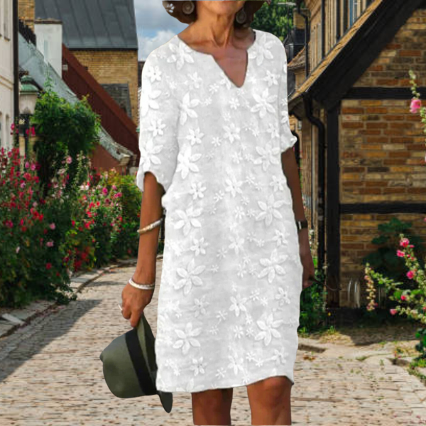 Women's V Neck Floral Design Summer Dress with 3/4 Sleeves | Mini