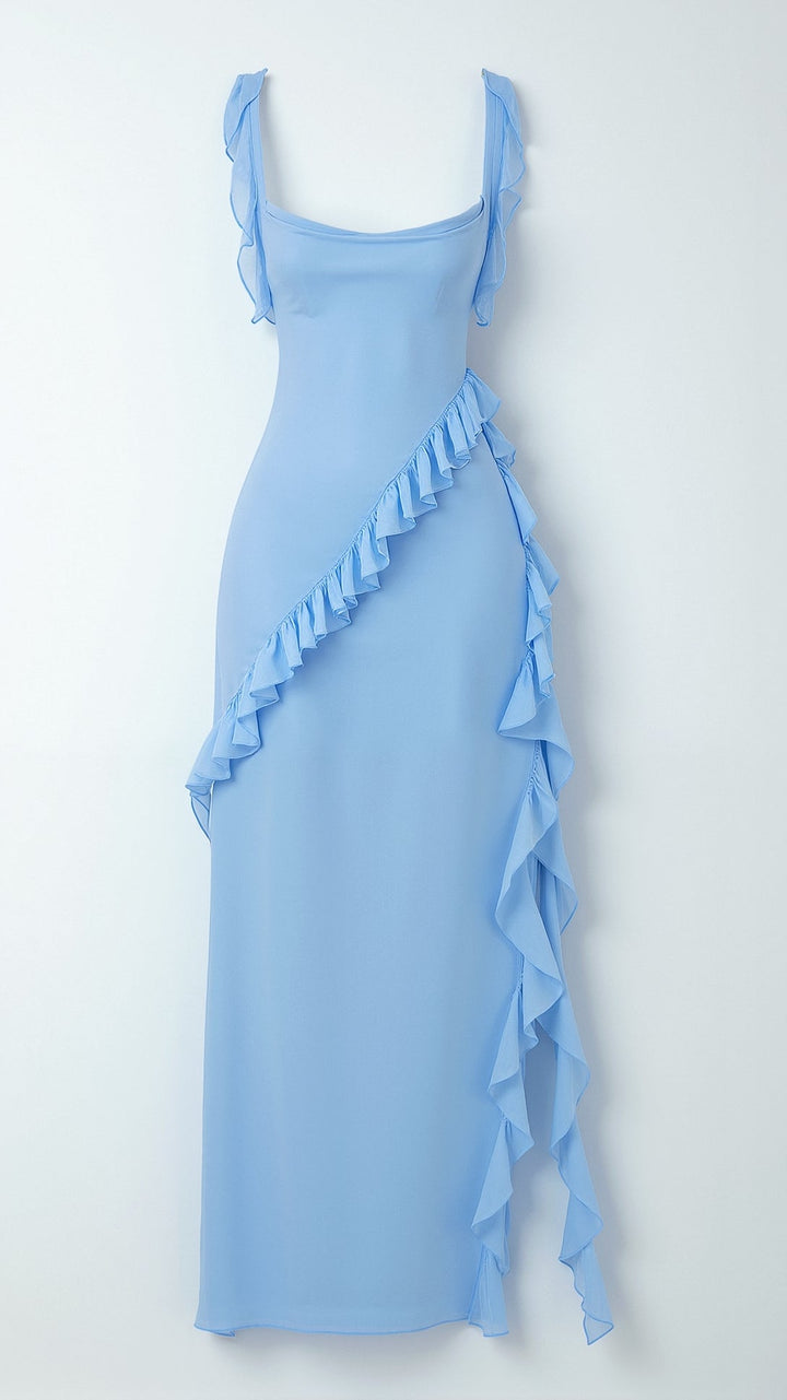 Women's Ruffle Wedding Guest Dress with High Slit | Maxi