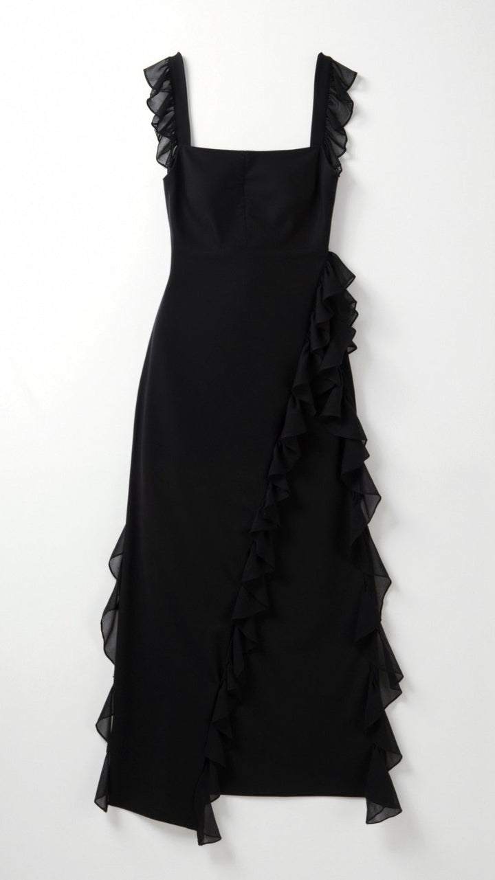 Women's Ruffle Wedding Guest Dress with High Slit | Maxi