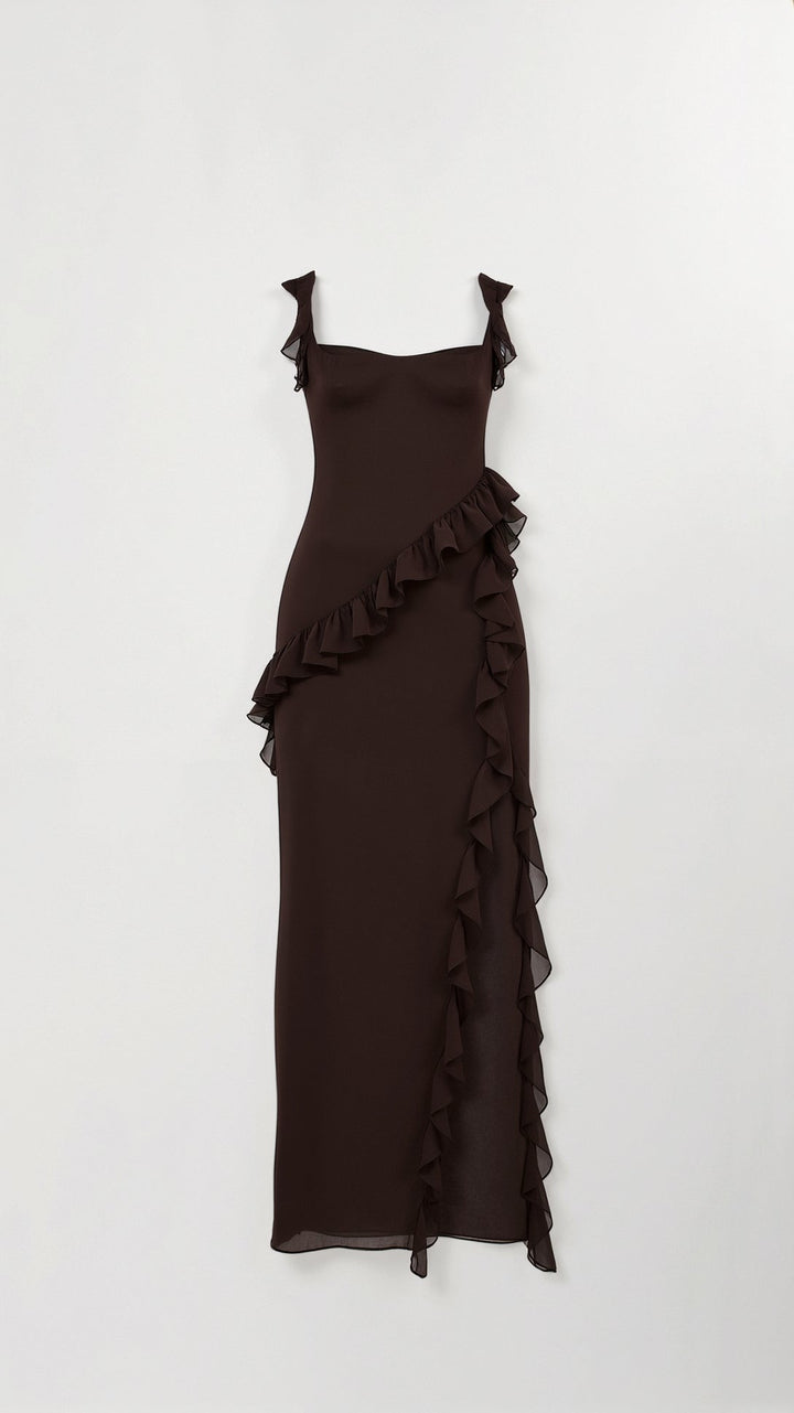 Women's Ruffle Wedding Guest Dress with High Slit | Maxi