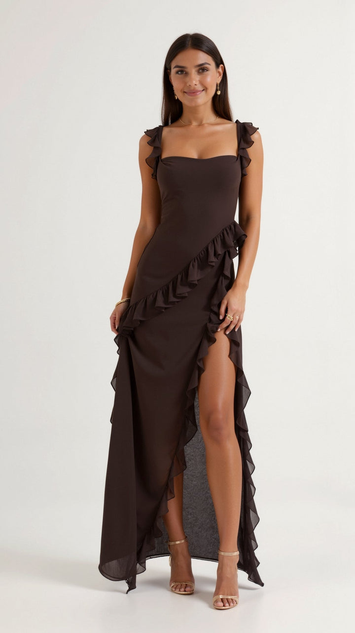Women's Ruffle Wedding Guest Dress with High Slit | Maxi
