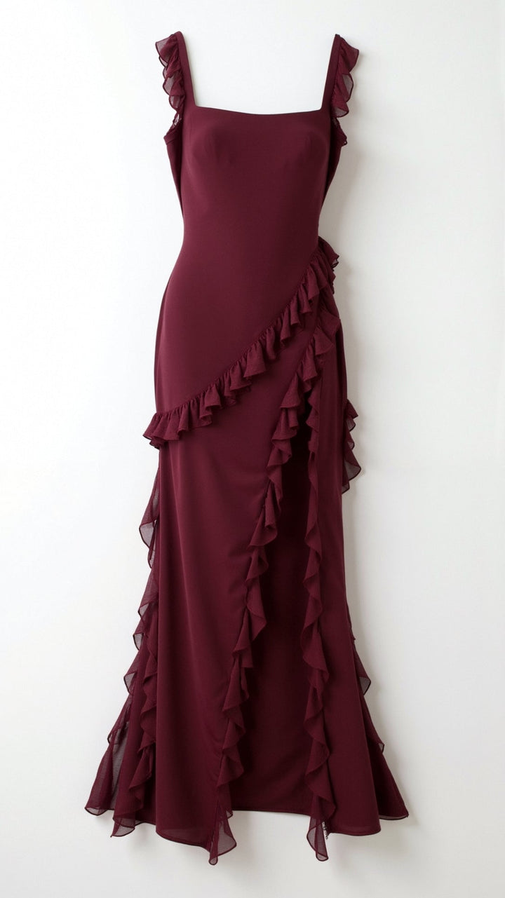 Women's Ruffle Wedding Guest Dress with High Slit | Maxi