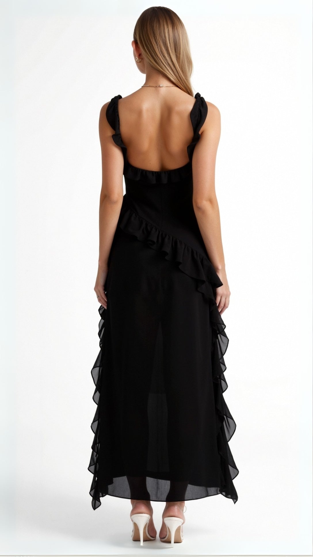 Women's Ruffle Wedding Guest Dress with High Slit | Maxi