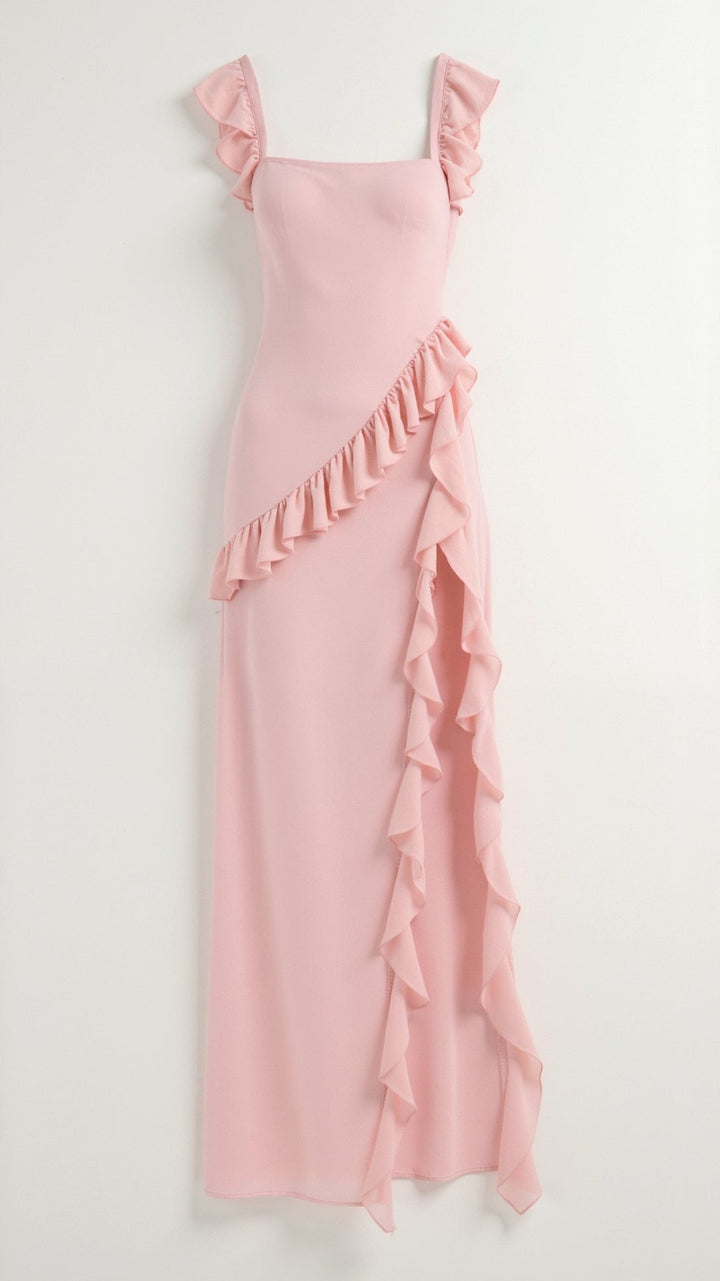 Women's Ruffle Wedding Guest Dress with High Slit | Maxi