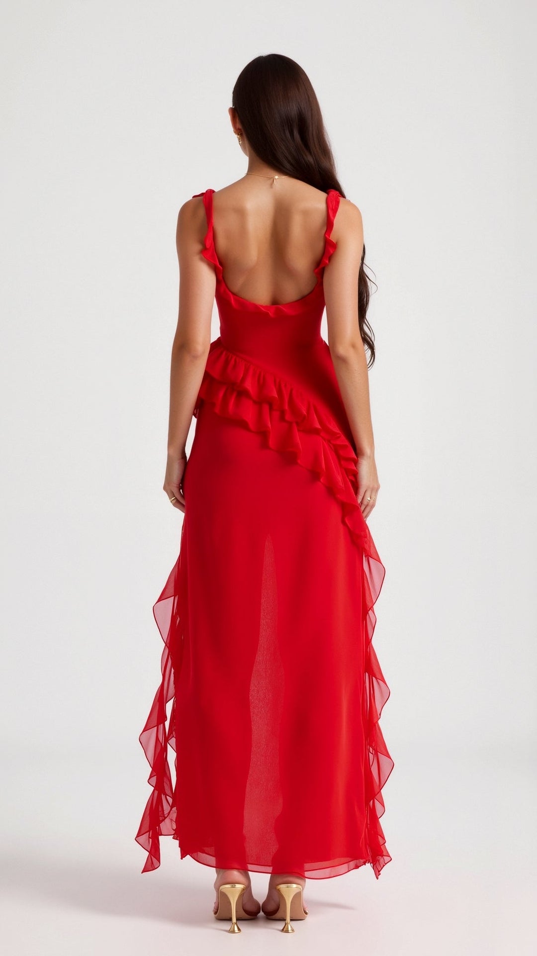 Women's Ruffle Wedding Guest Dress with High Slit | Maxi