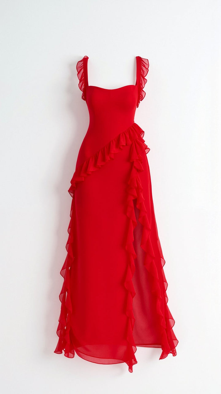 Women's Ruffle Wedding Guest Dress with High Slit | Maxi