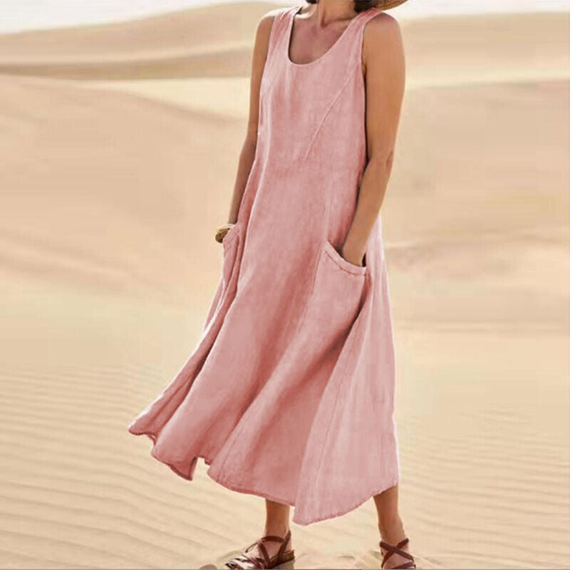 Women's Round Neck Sleeveless Summer Midi Dress | With Pockets