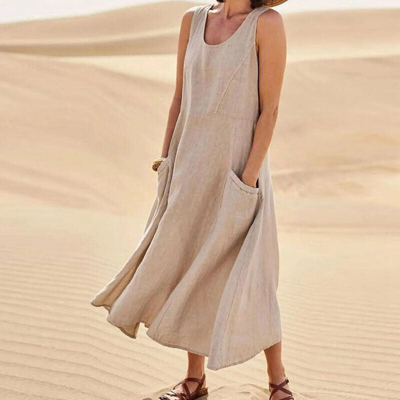 Women's Round Neck Sleeveless Summer Midi Dress | With Pockets