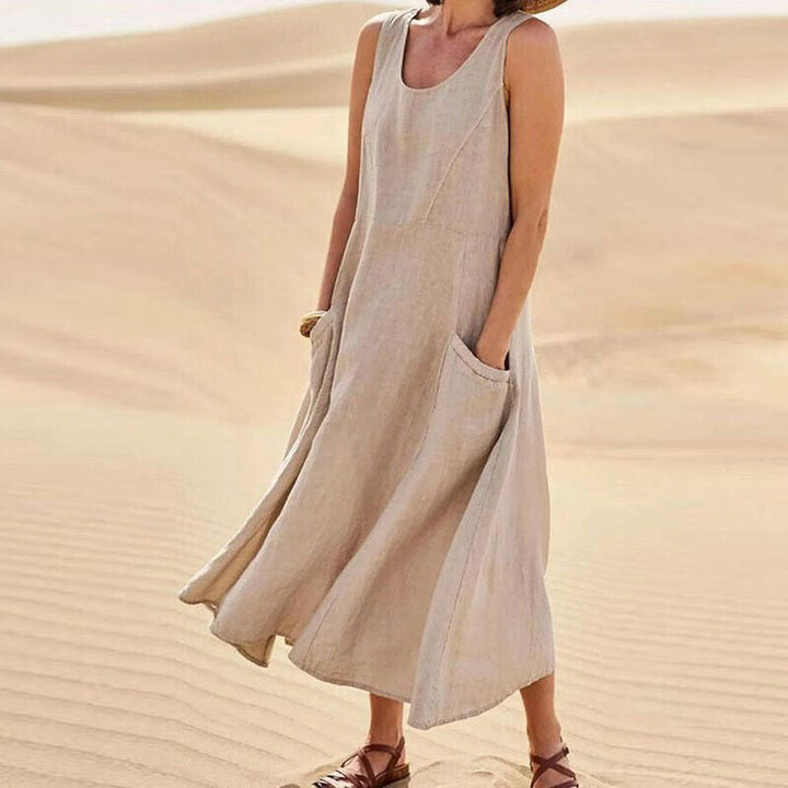 Women's Round Neck Sleeveless Summer Midi Dress | With Pockets