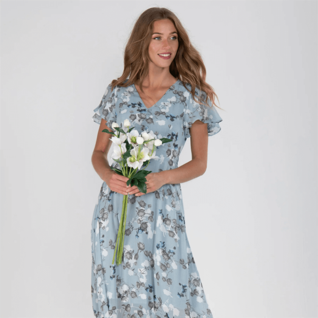 Women's V Neck Floral Short Sleeves Dress | Midi