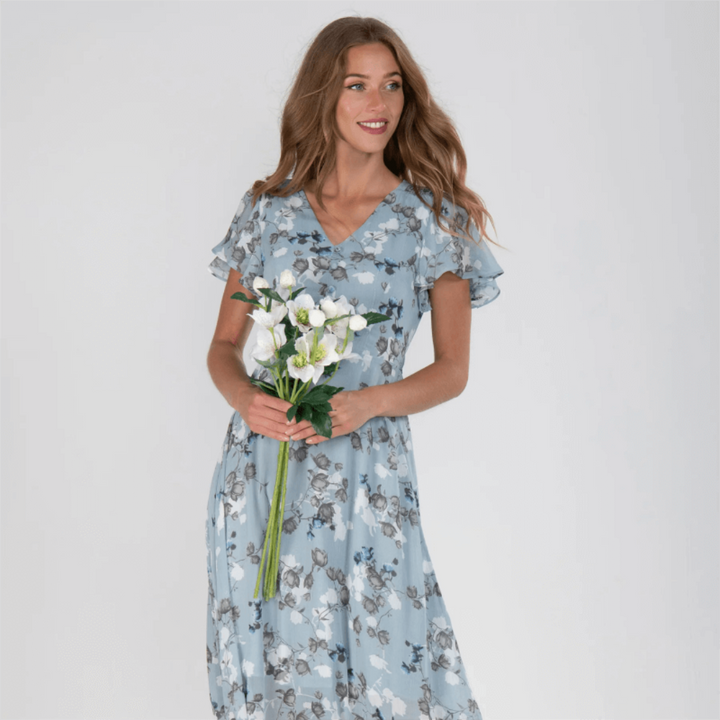 Women's V Neck Floral Short Sleeves Dress | Midi