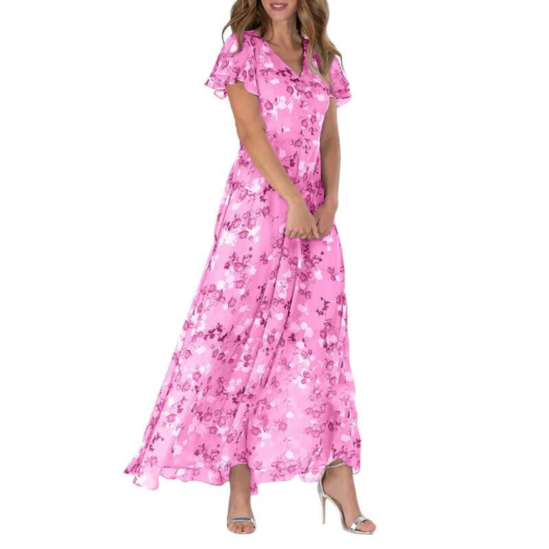 Women's V Neck Floral Short Sleeves Dress | Midi