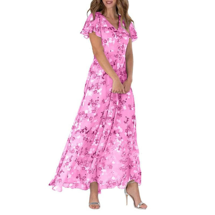 Women's V Neck Floral Short Sleeves Dress | Midi