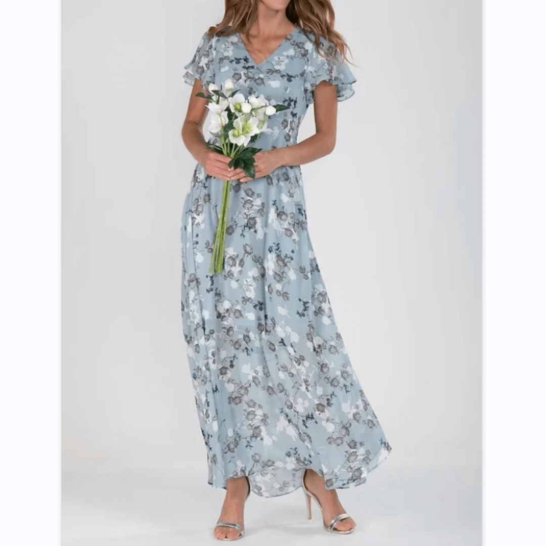 Women's V Neck Floral Short Sleeves Dress | Midi