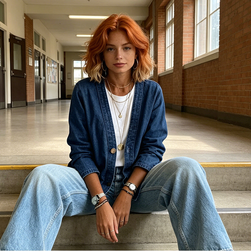 Classic Women's Denim Jacket – V-Neck, Button Placket & Relaxed Casual Fit