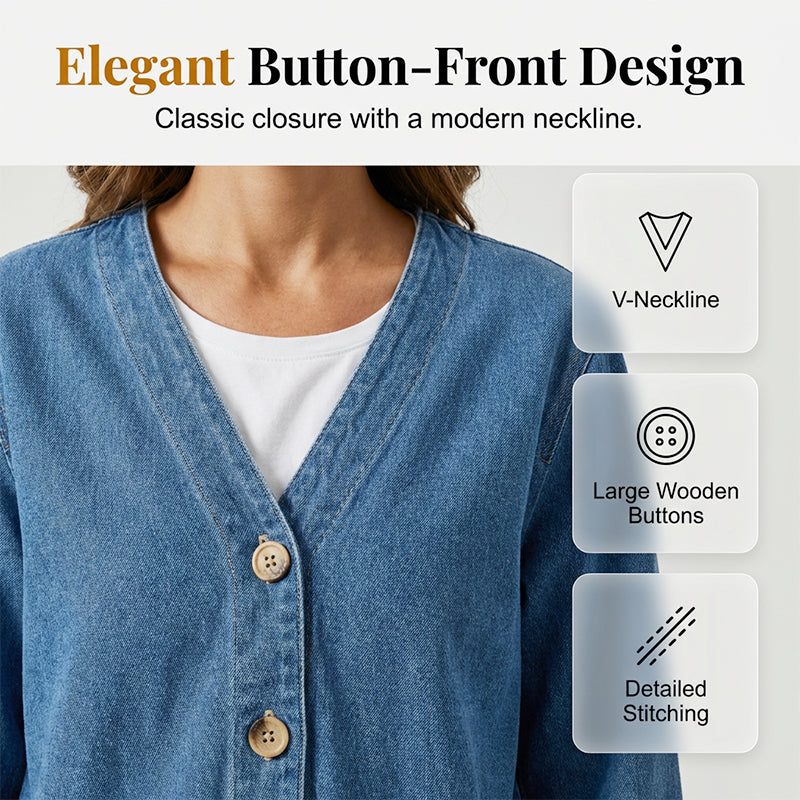 Classic Women's Denim Jacket – V-Neck, Button Placket & Relaxed Casual Fit