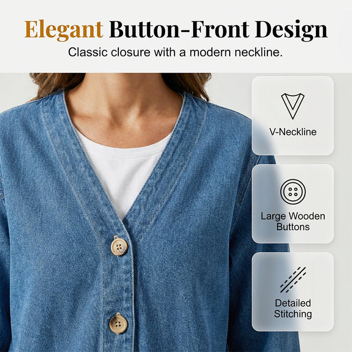 Classic Women's Denim Jacket – V-Neck, Button Placket & Relaxed Casual Fit