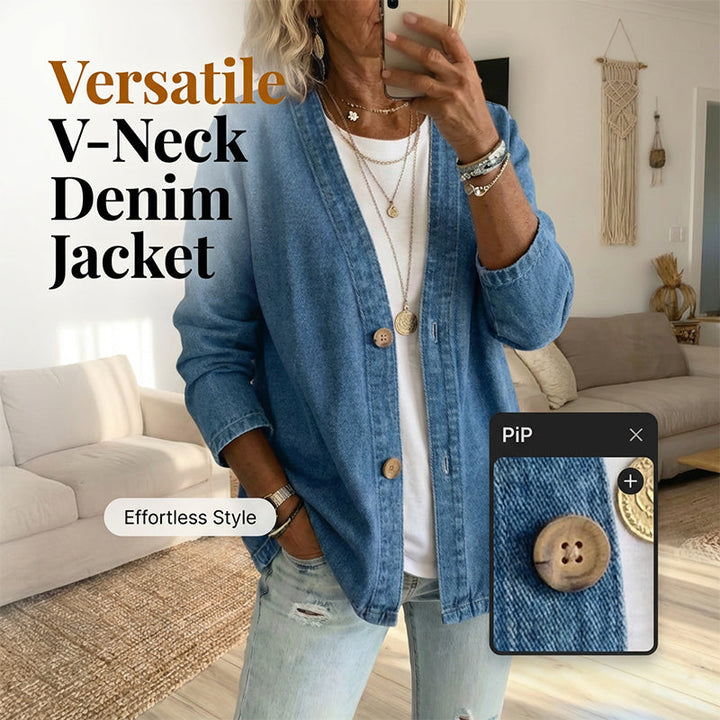 Classic Women's Denim Jacket – V-Neck, Button Placket & Relaxed Casual Fit