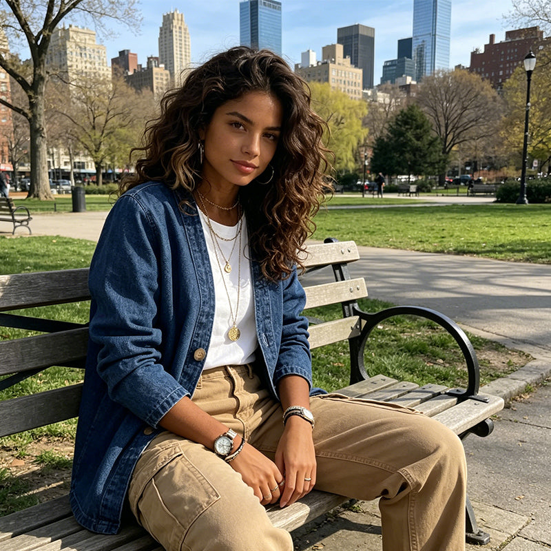 Classic Women's Denim Jacket – V-Neck, Button Placket & Relaxed Casual Fit