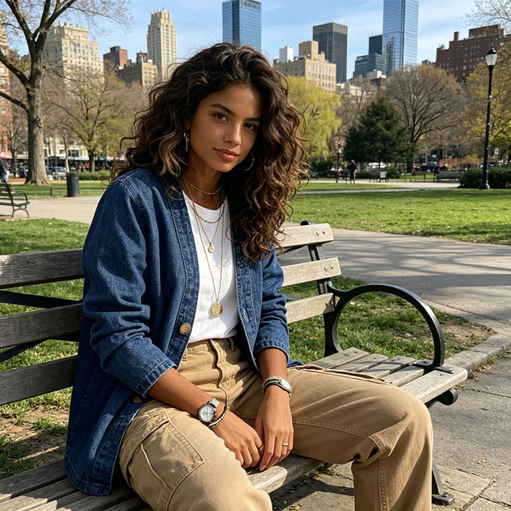 Classic Women's Denim Jacket – V-Neck, Button Placket & Relaxed Casual Fit