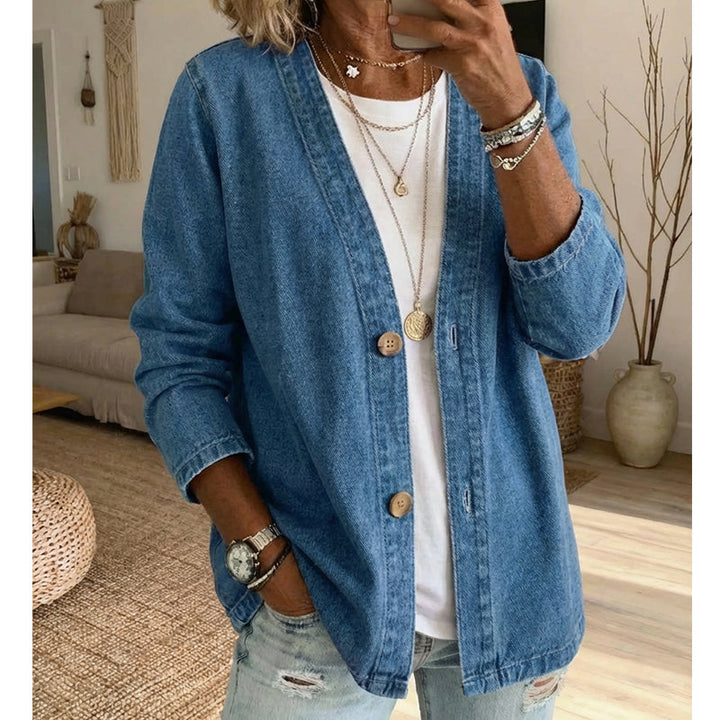 Classic Women's Denim Jacket – V-Neck, Button Placket & Relaxed Casual Fit