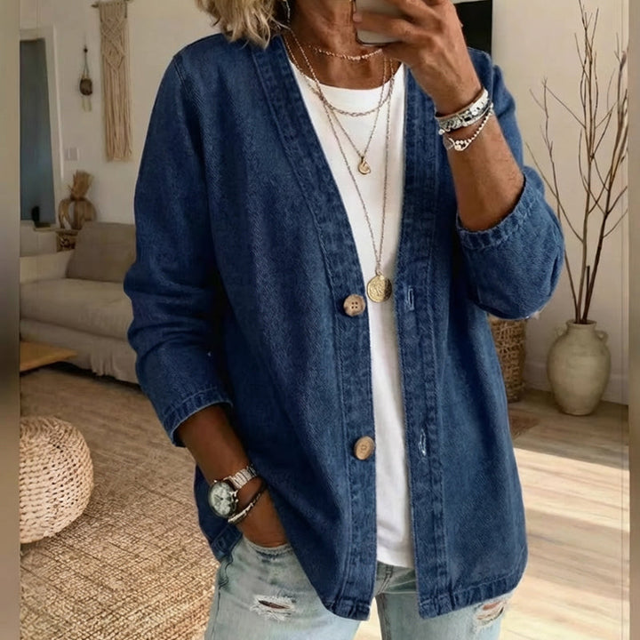 Classic Women's Denim Jacket – V-Neck, Button Placket & Relaxed Casual Fit