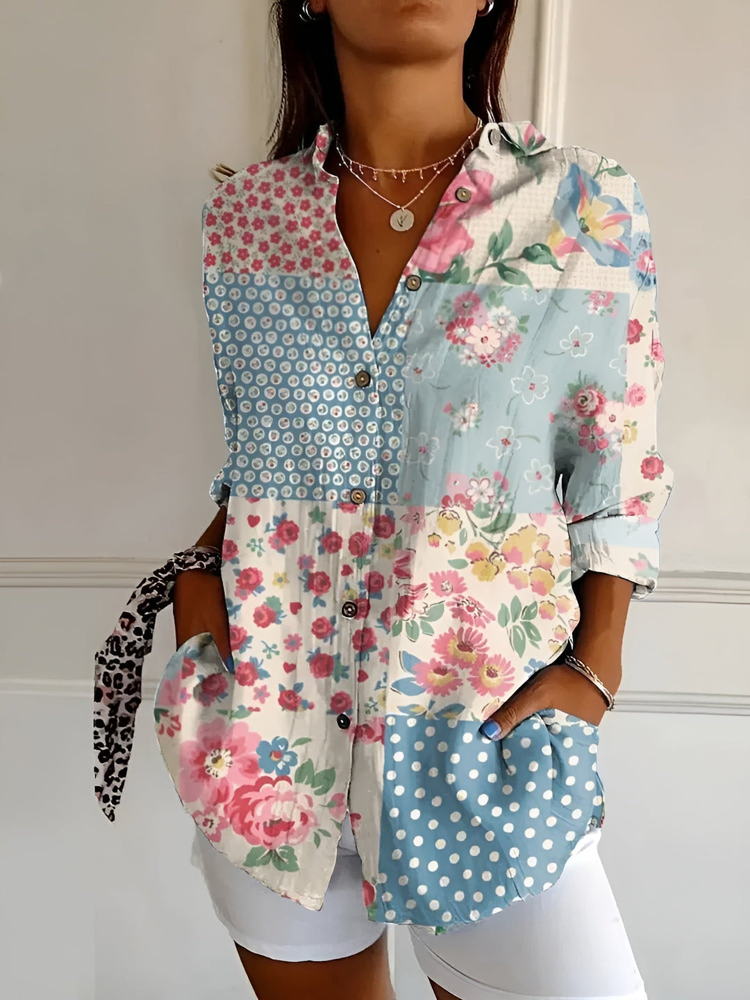Women's V-neck Button-down Shirt  | Long Sleeved