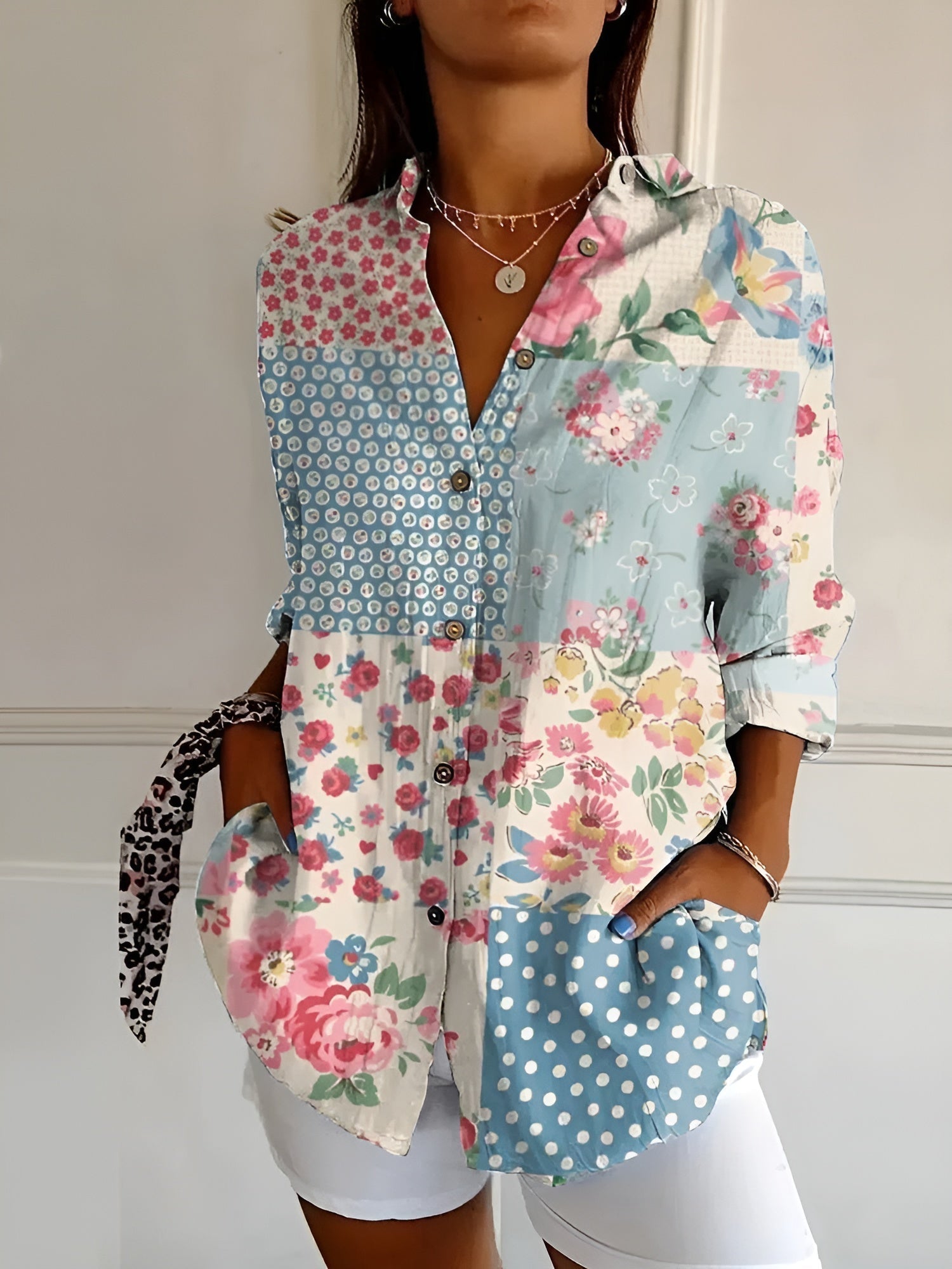 Women's V-neck Button-down Shirt  | Long Sleeved