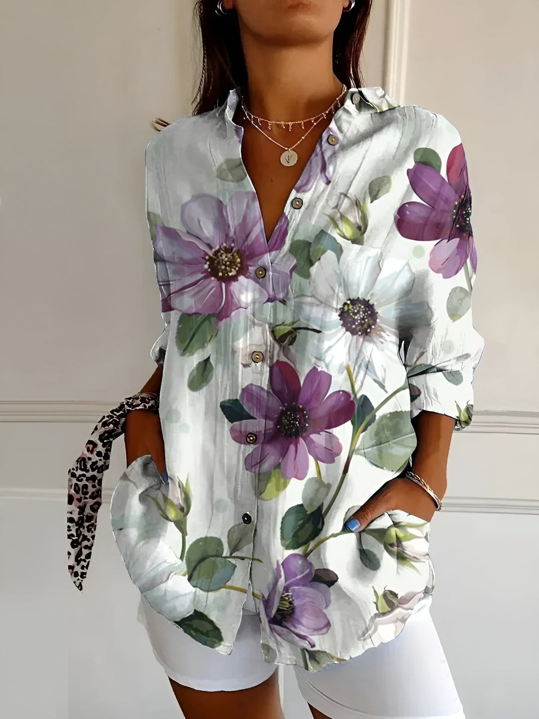 Women's V-neck Button-down Shirt  | Long Sleeved
