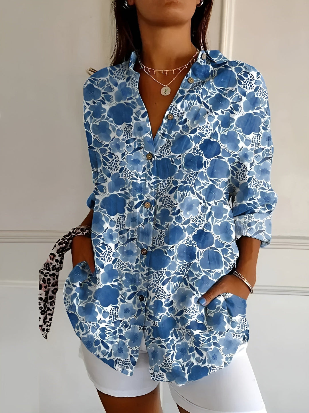 Women's V-neck Button-down Shirt  | Long Sleeved